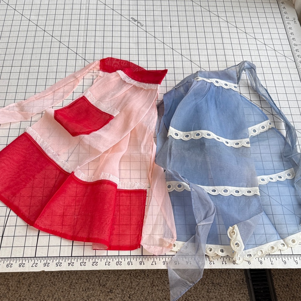 Vintage 1950s Sheer Organdy Aprons – Gingham Girl Blue Ruffled & Red/Pink